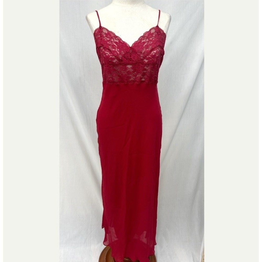 Willow Blossom Red 100% Silk Nightgown Sz L Lace Trim Sheer Slip Dress Christmas